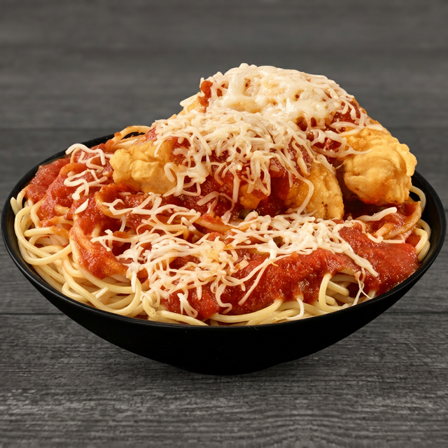 Chicken Parmigiana with Spaghetti.